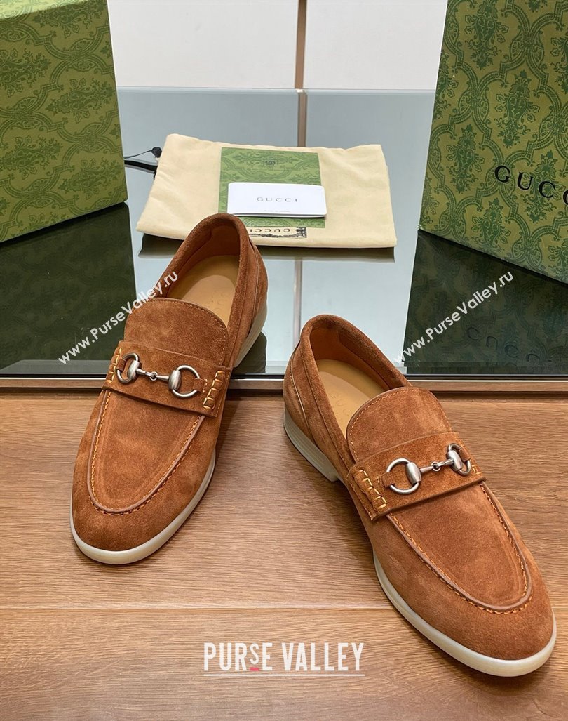 Gucci Mens Horsebit Suede Loafers Tan Brown 2024 0814 (SS-240814127)