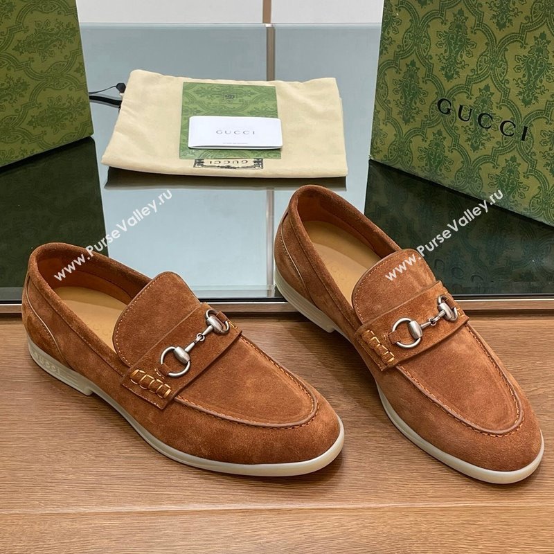 Gucci Mens Horsebit Suede Loafers Tan Brown 2024 0814 (SS-240814127)