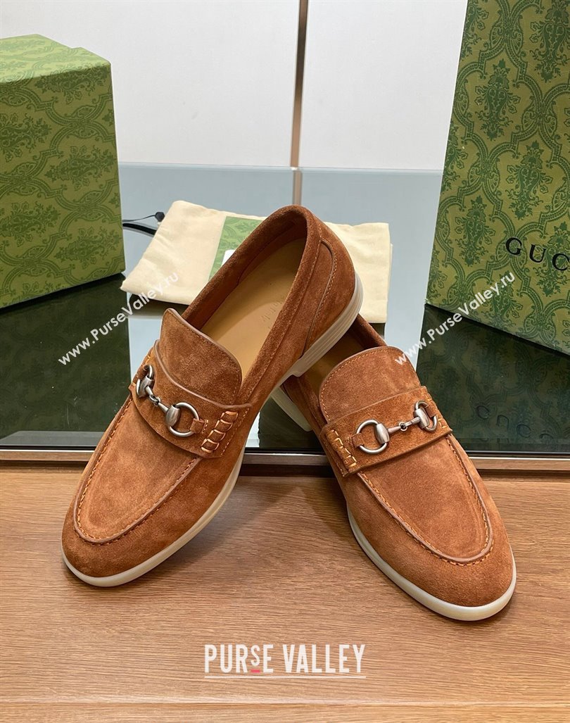 Gucci Mens Horsebit Suede Loafers Tan Brown 2024 0814 (SS-240814127)