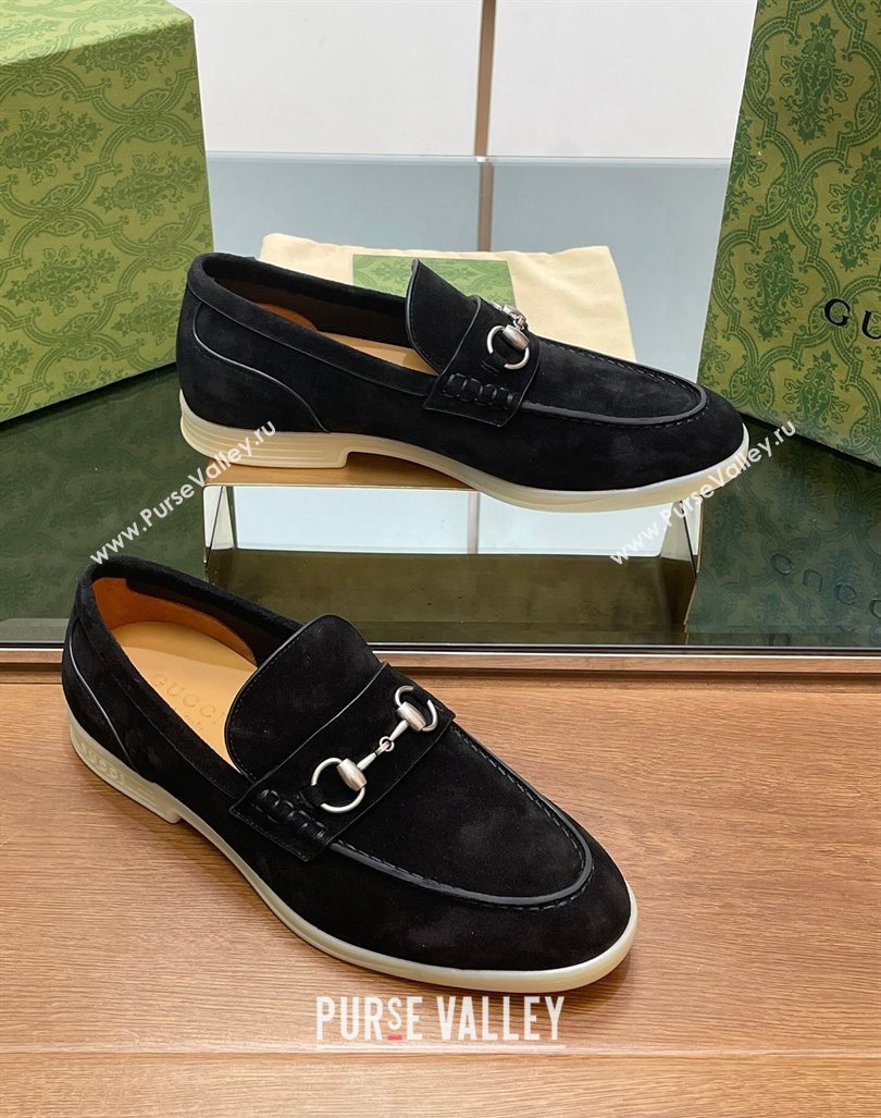 Gucci Mens Horsebit Suede Loafers Black 2024 0814 (SS-240814128)