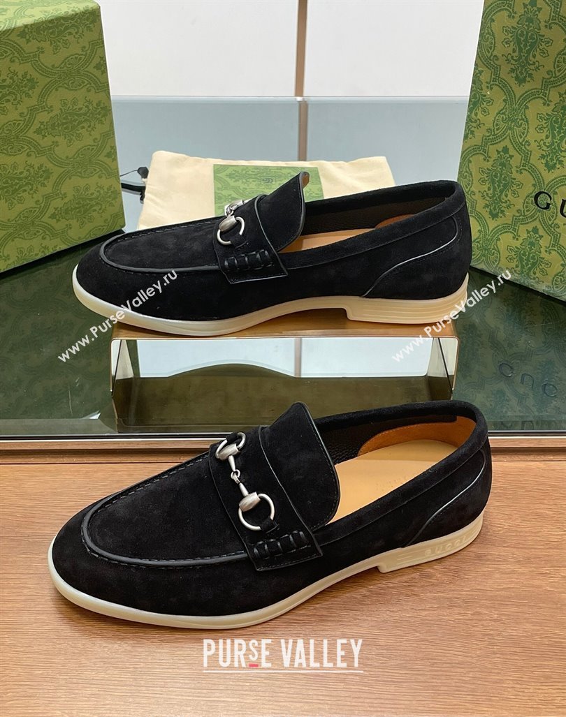 Gucci Mens Horsebit Suede Loafers Black 2024 0814 (SS-240814128)