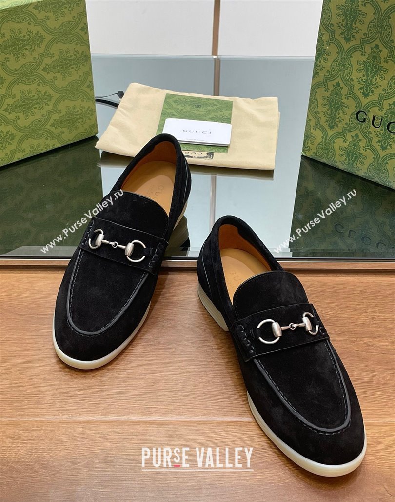 Gucci Mens Horsebit Suede Loafers Black 2024 0814 (SS-240814128)