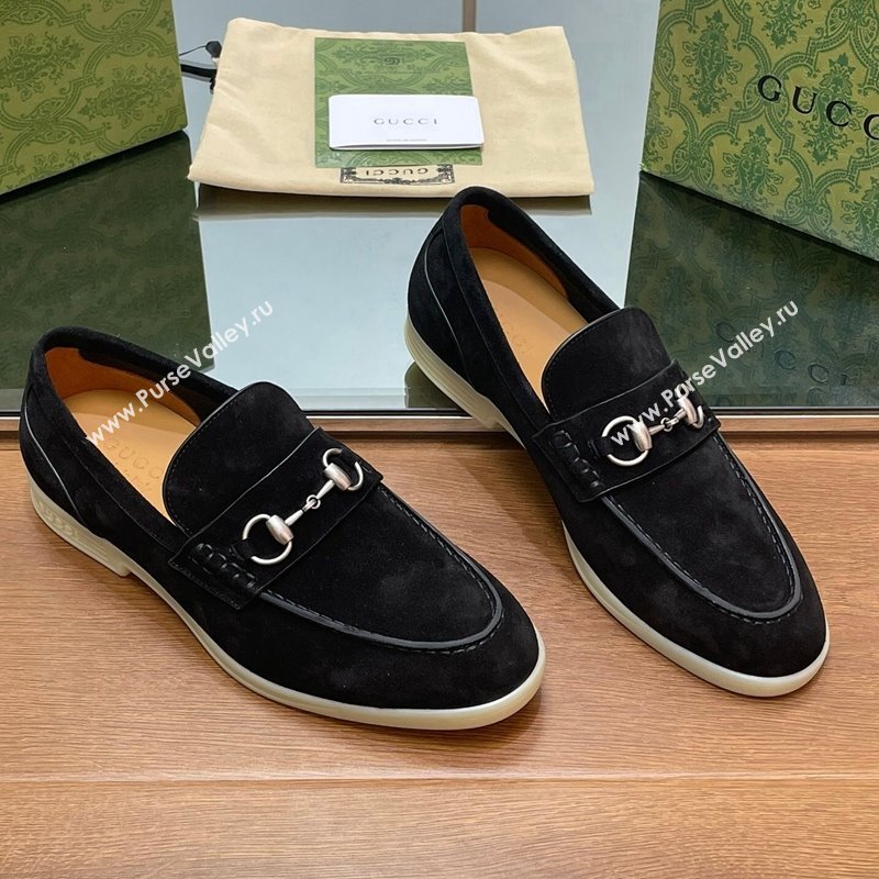 Gucci Mens Horsebit Suede Loafers Black 2024 0814 (SS-240814128)