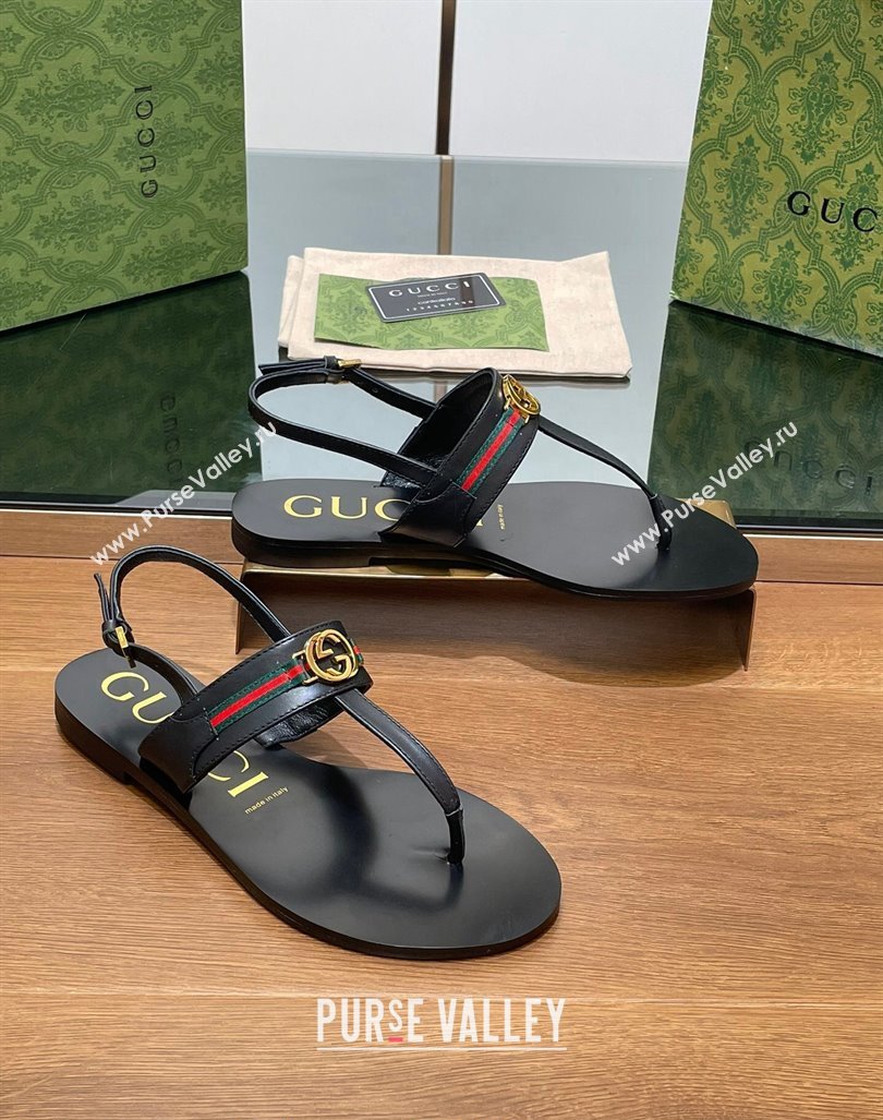 Gucci Interlocking G Web Leather Flat Thong Sandals Black 2024 0814 (SS-240814131)