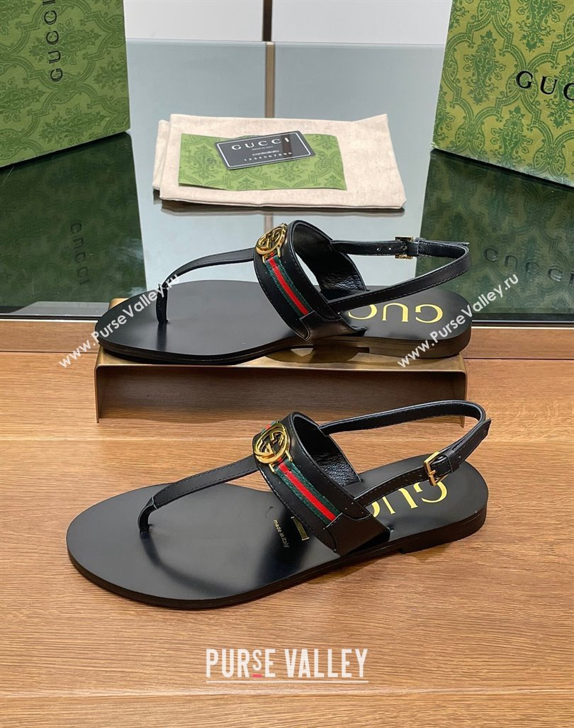 Gucci Interlocking G Web Leather Flat Thong Sandals Black 2024 0814 (SS-240814131)