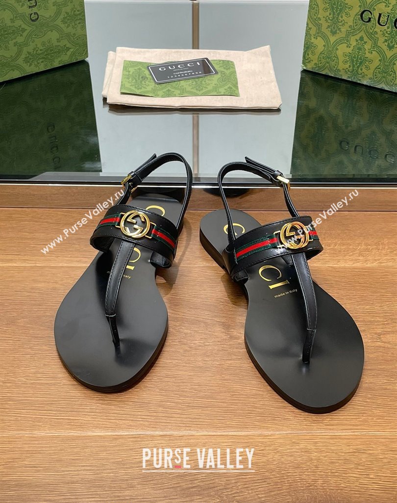 Gucci Interlocking G Web Leather Flat Thong Sandals Black 2024 0814 (SS-240814131)