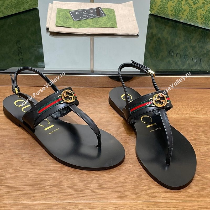 Gucci Interlocking G Web Leather Flat Thong Sandals Black 2024 0814 (SS-240814131)