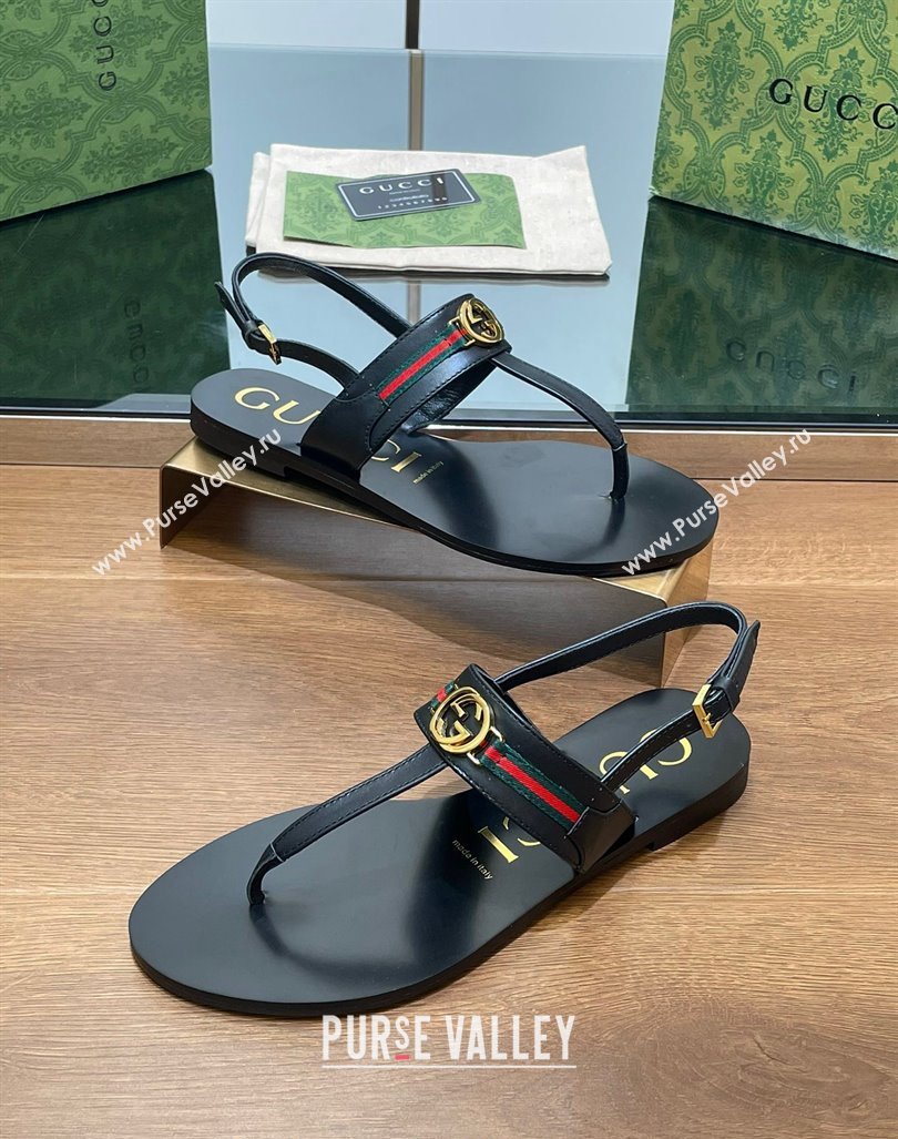 Gucci Interlocking G Web Leather Flat Thong Sandals Black 2024 0814 (SS-240814131)