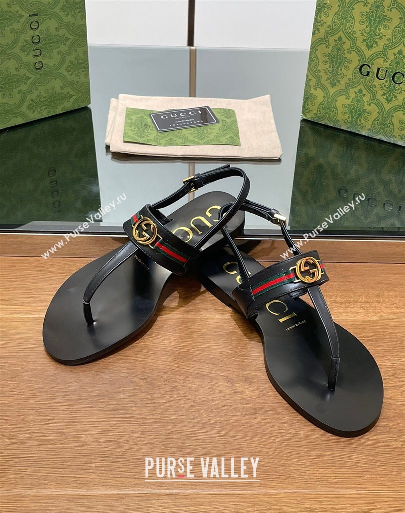 Gucci Interlocking G Web Leather Flat Thong Sandals Black 2024 0814 (SS-240814131)