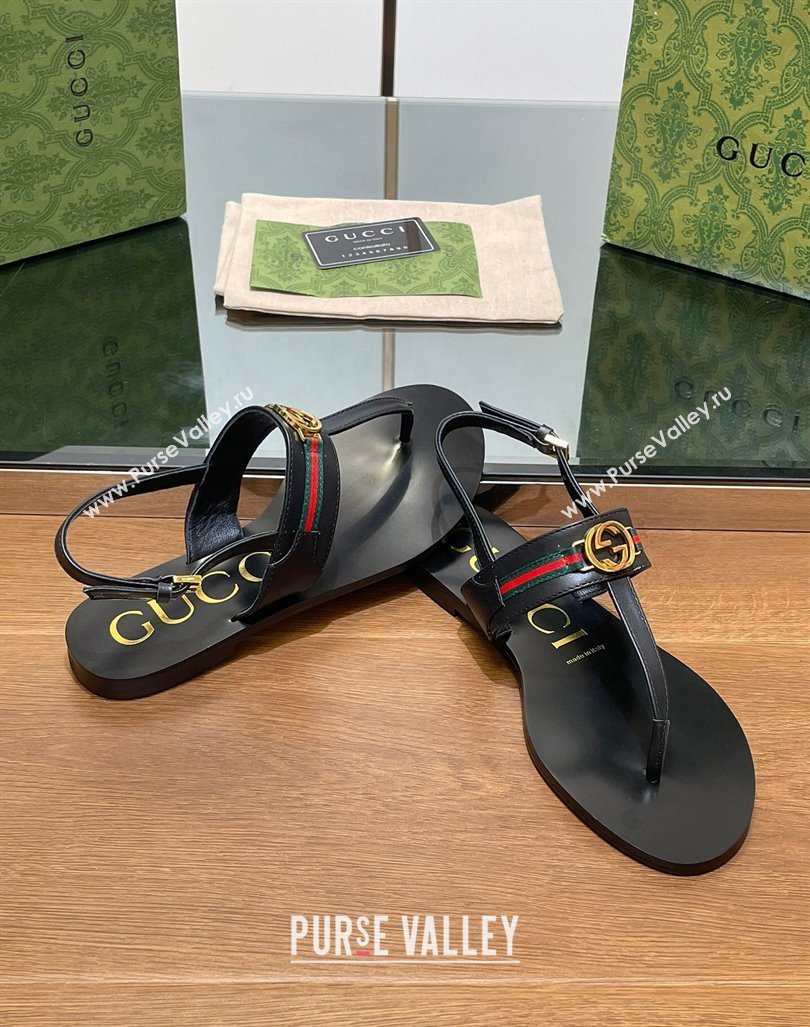 Gucci Interlocking G Web Leather Flat Thong Sandals Black 2024 0814 (SS-240814131)