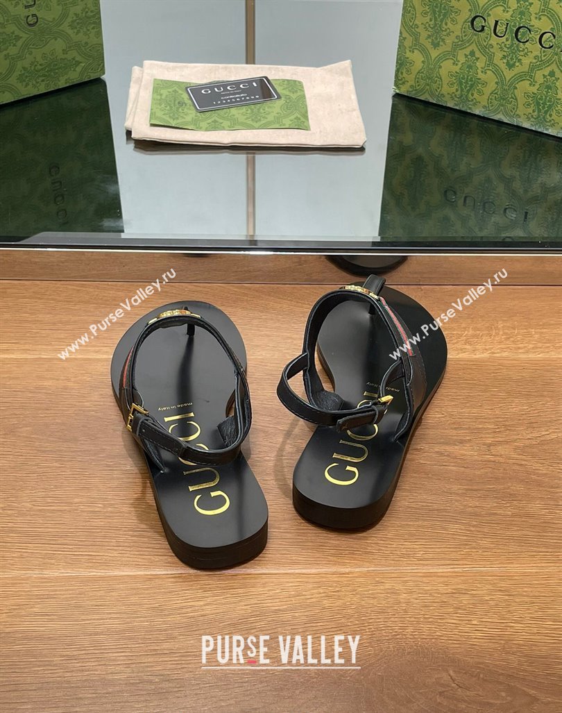 Gucci Interlocking G Web Leather Flat Thong Sandals Black 2024 0814 (SS-240814131)