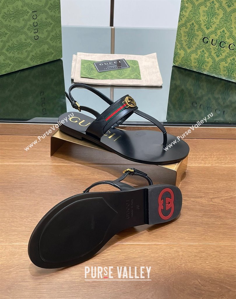 Gucci Interlocking G Web Leather Flat Thong Sandals Black 2024 0814 (SS-240814131)