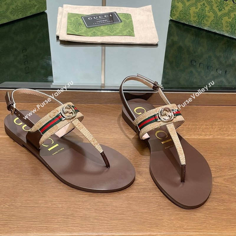 Gucci Interlocking G Web GG Canvas Flat Thong Sandals Beige 2024 0814 (SS-240814132)