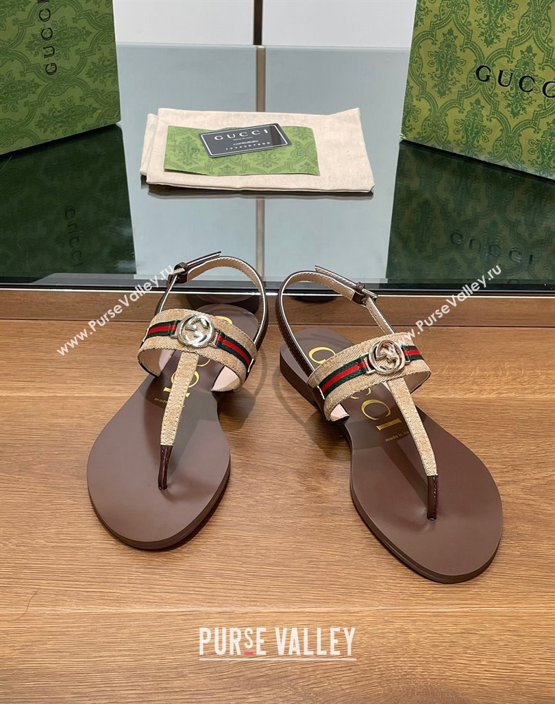 Gucci Interlocking G Web GG Canvas Flat Thong Sandals Beige 2024 0814 (SS-240814132)