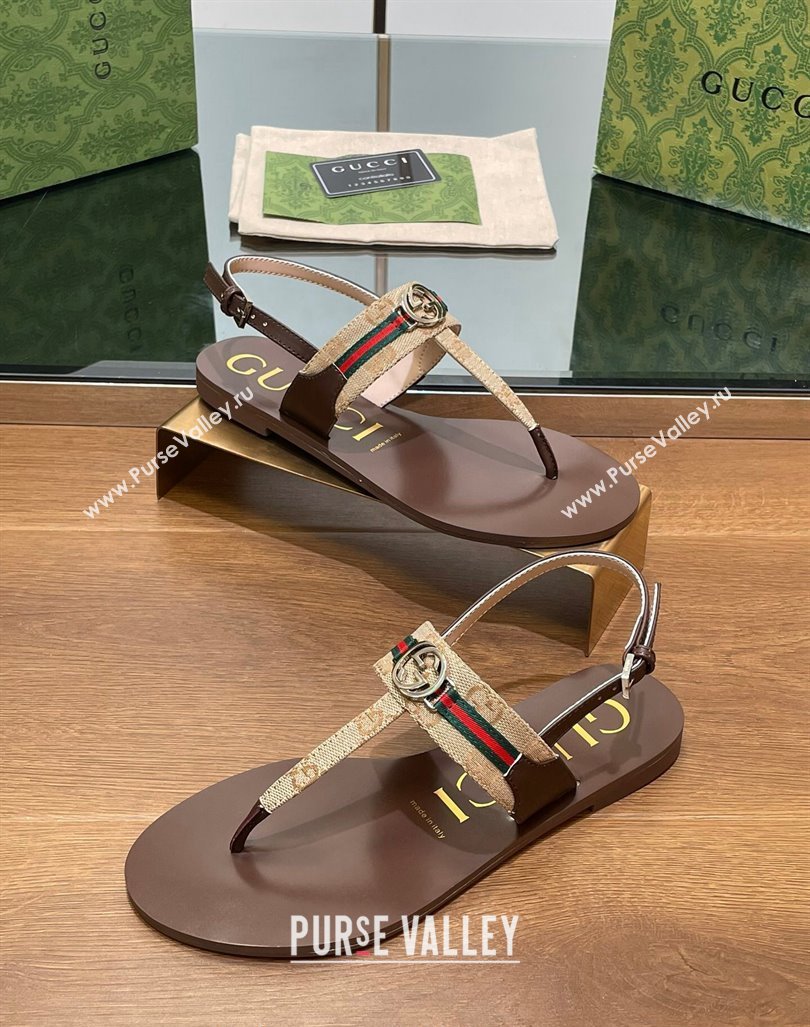 Gucci Interlocking G Web GG Canvas Flat Thong Sandals Beige 2024 0814 (SS-240814132)