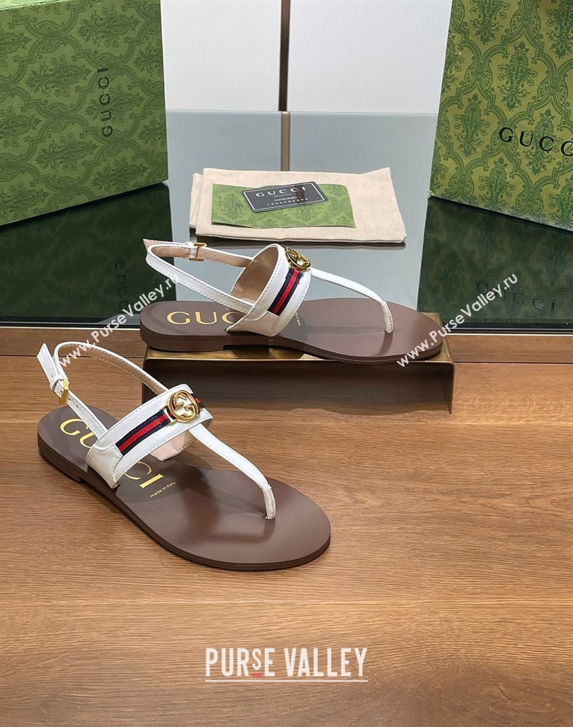 Gucci Interlocking G Web Leather Flat Thong Sandals White 2024 0814 (SS-240814133)