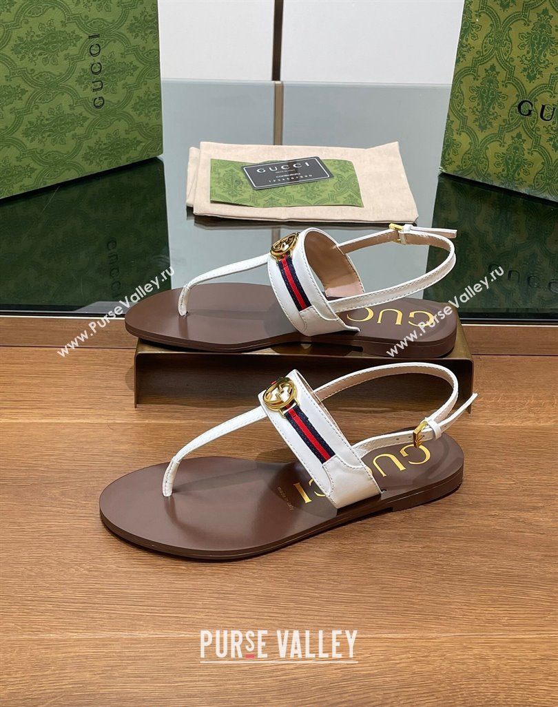 Gucci Interlocking G Web Leather Flat Thong Sandals White 2024 0814 (SS-240814133)