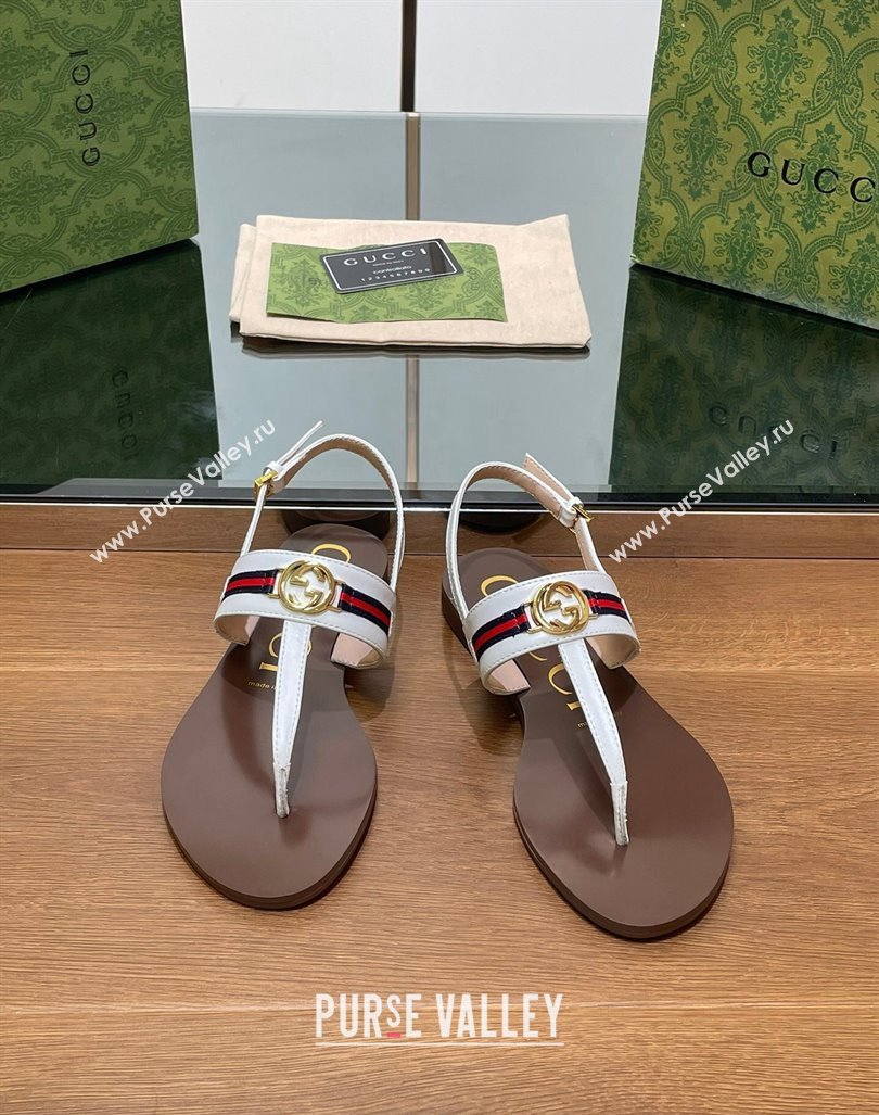 Gucci Interlocking G Web Leather Flat Thong Sandals White 2024 0814 (SS-240814133)