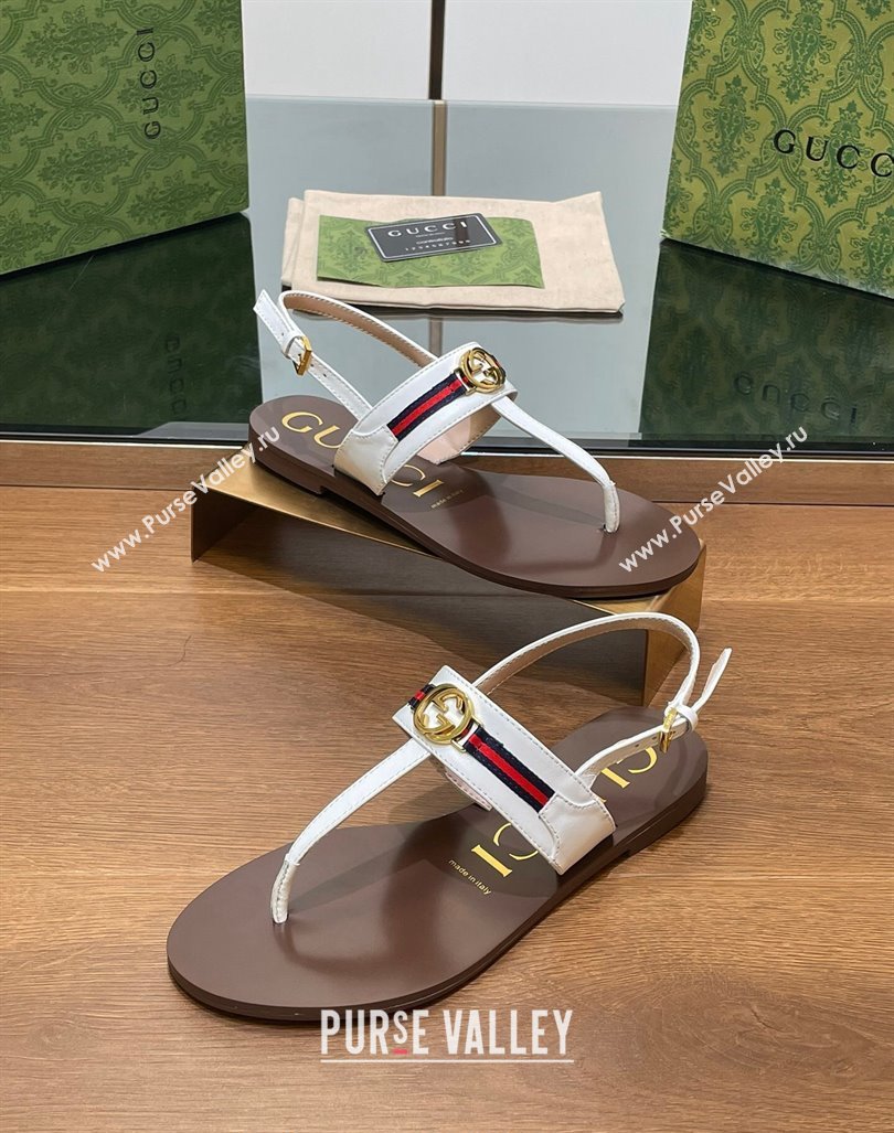 Gucci Interlocking G Web Leather Flat Thong Sandals White 2024 0814 (SS-240814133)