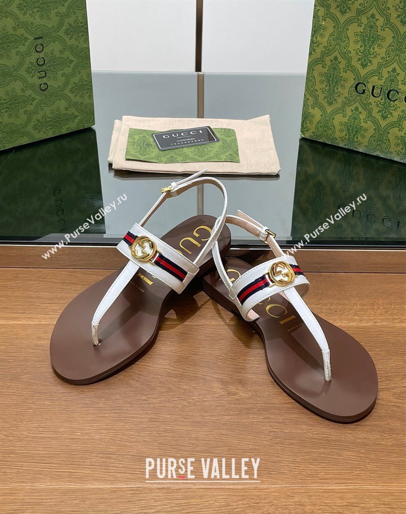 Gucci Interlocking G Web Leather Flat Thong Sandals White 2024 0814 (SS-240814133)