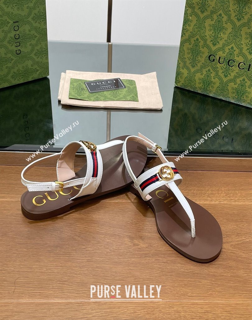 Gucci Interlocking G Web Leather Flat Thong Sandals White 2024 0814 (SS-240814133)