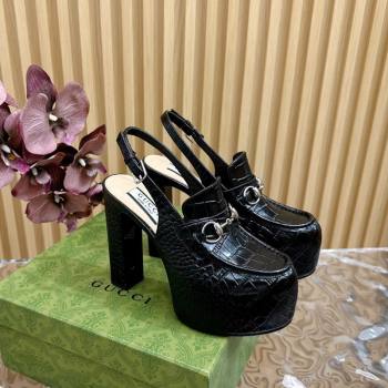 Gucci Horsebit Platform High Heel Slingback Pumps 13.5cm in Stone Embossed Leather Black 2024 (SS-240814059)