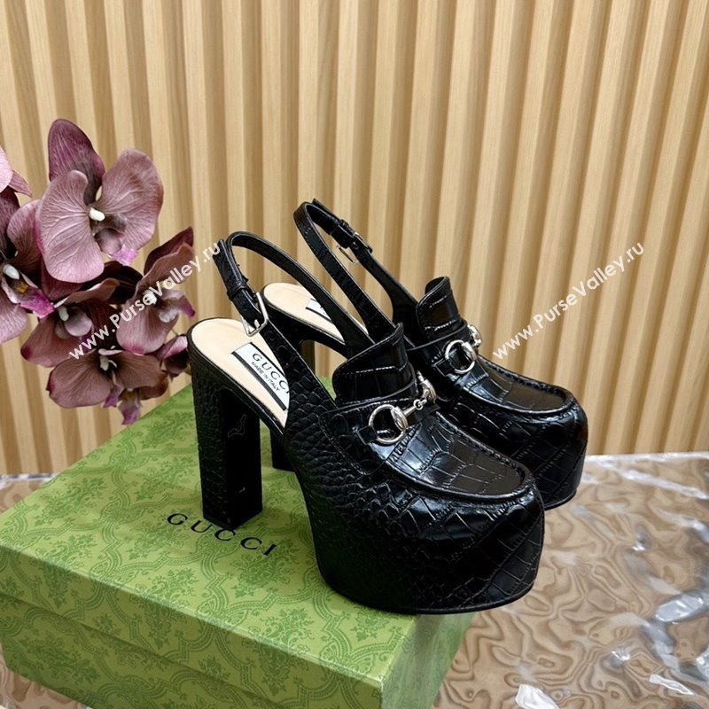 Gucci Horsebit Platform High Heel Slingback Pumps 13.5cm in Stone Embossed Leather Black 2024 (SS-240814059)