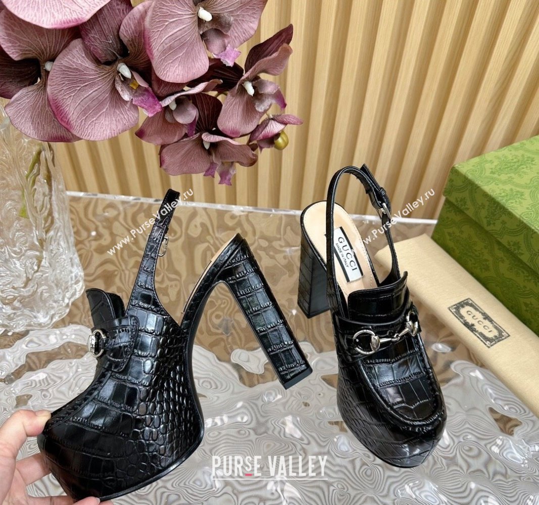 Gucci Horsebit Platform High Heel Slingback Pumps 13.5cm in Stone Embossed Leather Black 2024 (SS-240814059)