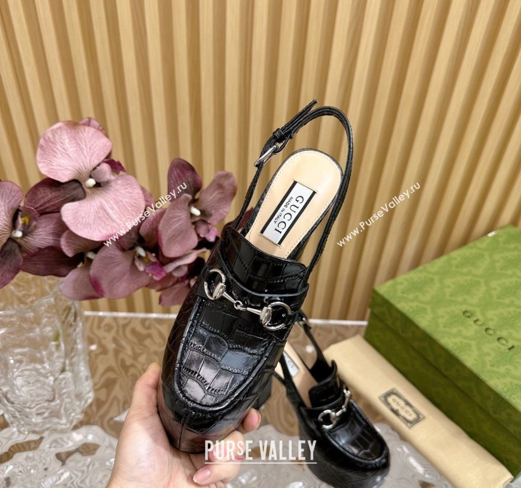 Gucci Horsebit Platform High Heel Slingback Pumps 13.5cm in Stone Embossed Leather Black 2024 (SS-240814059)