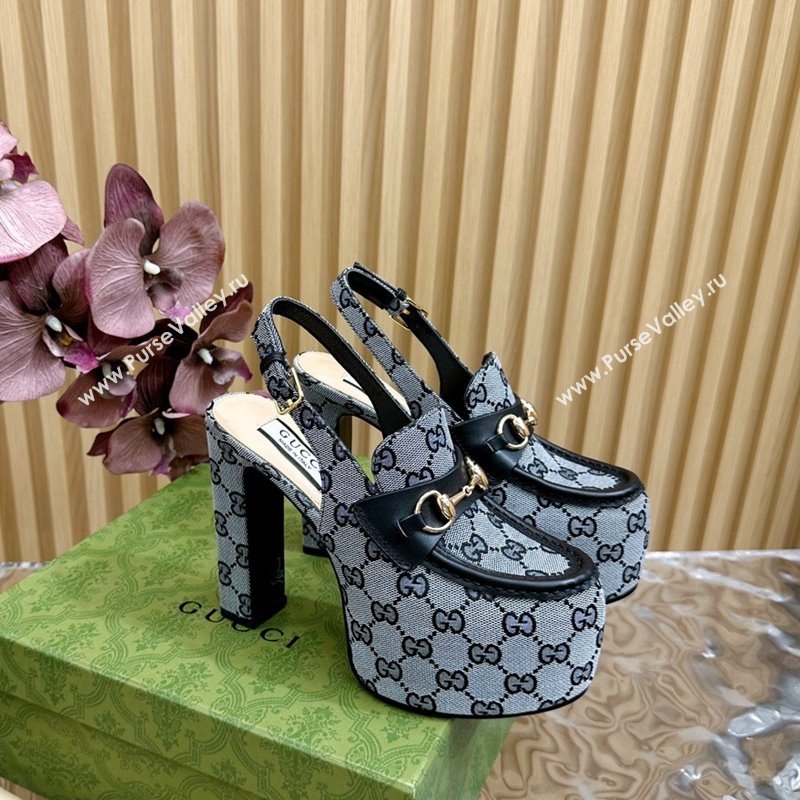 Gucci Horsebit Platform High Heel Slingback Pumps 13.5cm in GG Canvas Grey 2024 (SS-240814068)