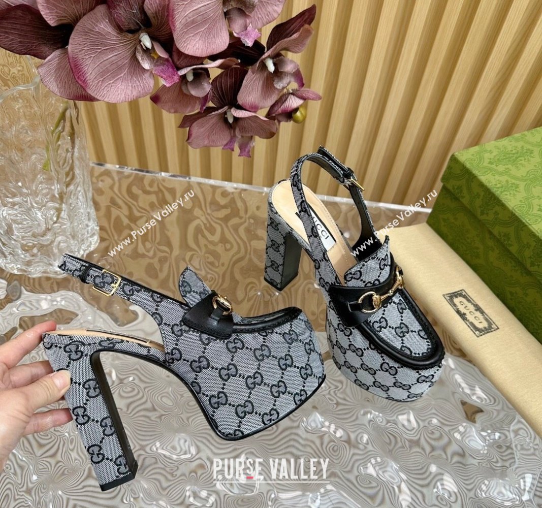 Gucci Horsebit Platform High Heel Slingback Pumps 13.5cm in GG Canvas Grey 2024 (SS-240814068)