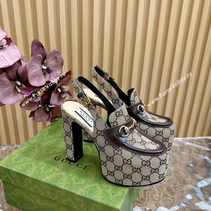 Gucci Horsebit Platform High Heel Slingback Pumps 13.5cm in GG Canvas Beige 2024 (SS-240814069)