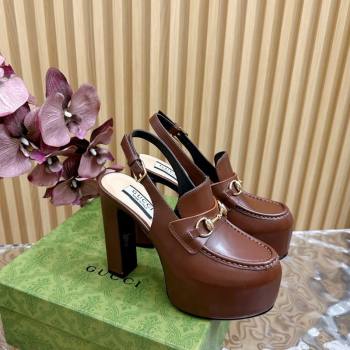 Gucci Horsebit Platform High Heel Slingback Pumps 13.5cm in Calf Leather Brown 2024 (SS-240814070)