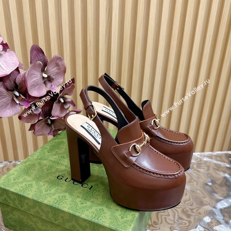 Gucci Horsebit Platform High Heel Slingback Pumps 13.5cm in Calf Leather Brown 2024 (SS-240814070)