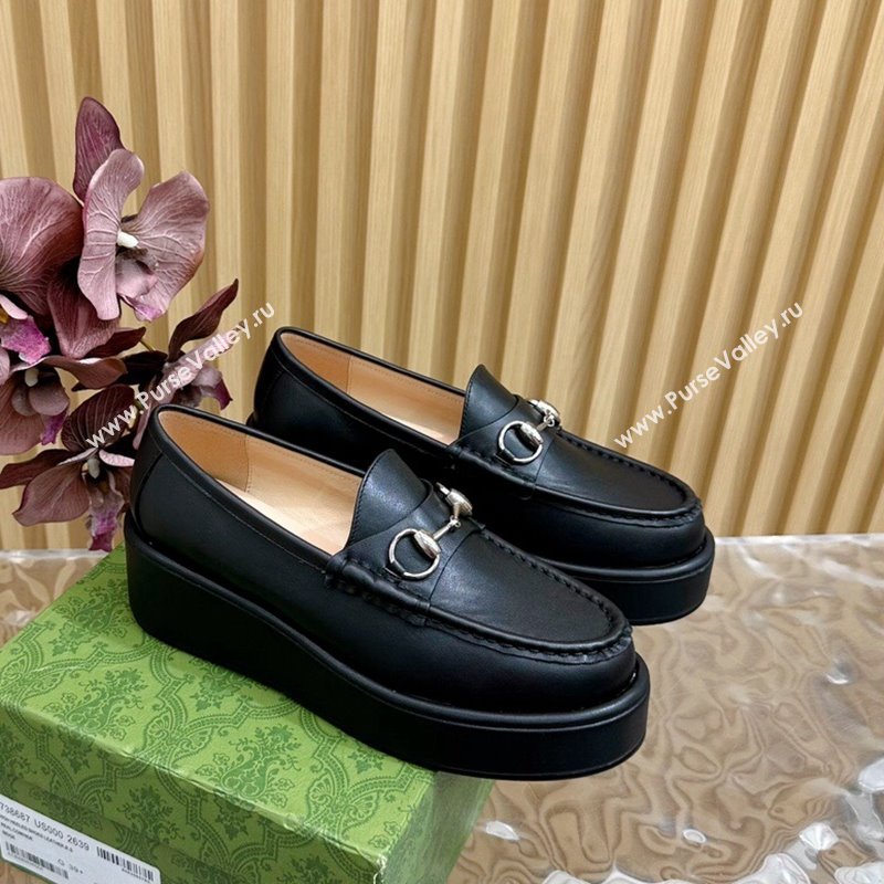 Gucci Horsebit Wedge Platform Loafers Pumps 5cm in Calf Leather Black 2024 (SS-240814071)