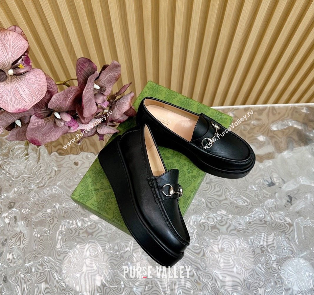 Gucci Horsebit Wedge Platform Loafers Pumps 5cm in Calf Leather Black 2024 (SS-240814071)