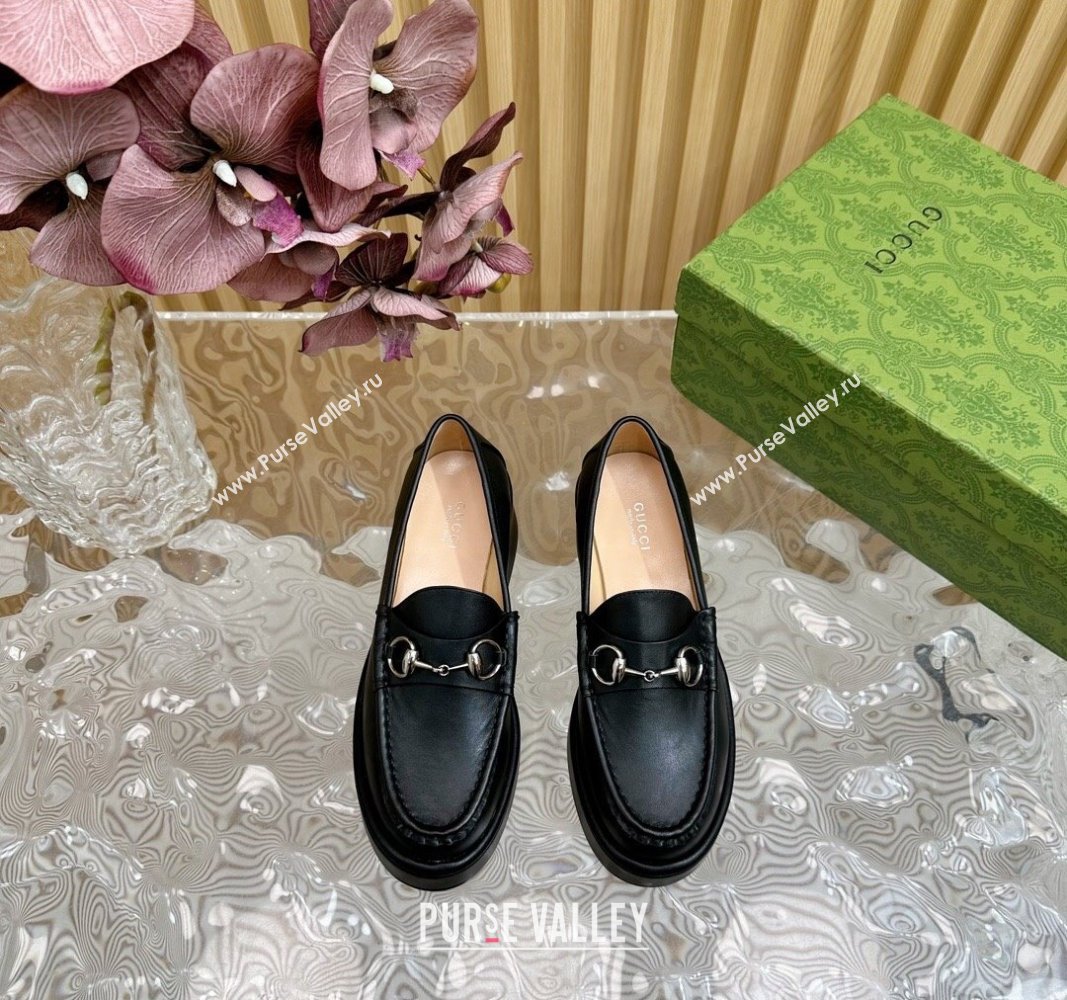 Gucci Horsebit Wedge Platform Loafers Pumps 5cm in Calf Leather Black 2024 (SS-240814071)