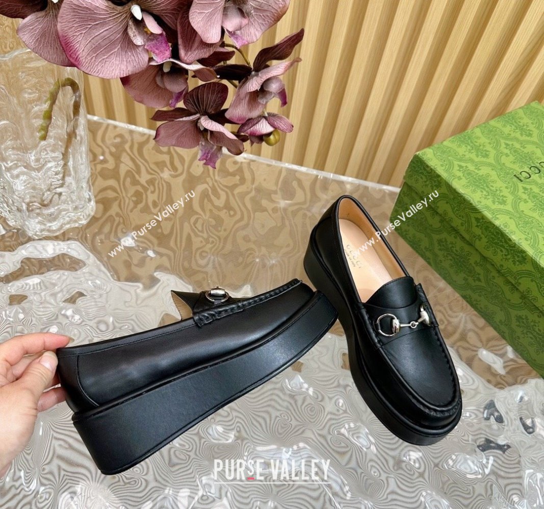 Gucci Horsebit Wedge Platform Loafers Pumps 5cm in Calf Leather Black 2024 (SS-240814071)