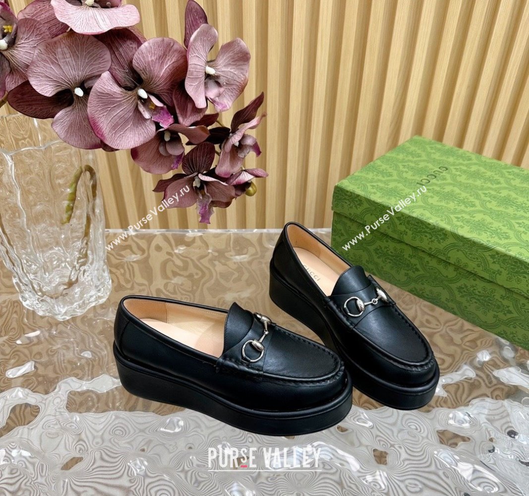 Gucci Horsebit Wedge Platform Loafers Pumps 5cm in Calf Leather Black 2024 (SS-240814071)