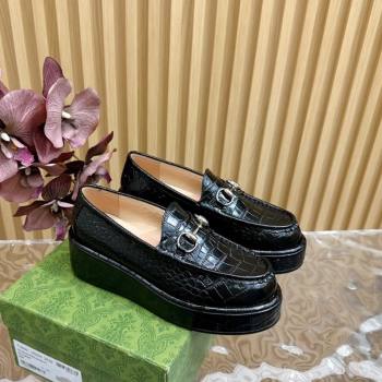 Gucci Horsebit Wedge Platform Loafers Pumps 5cm in Stone Embossed Leather Black 2024 (SS-240814077)