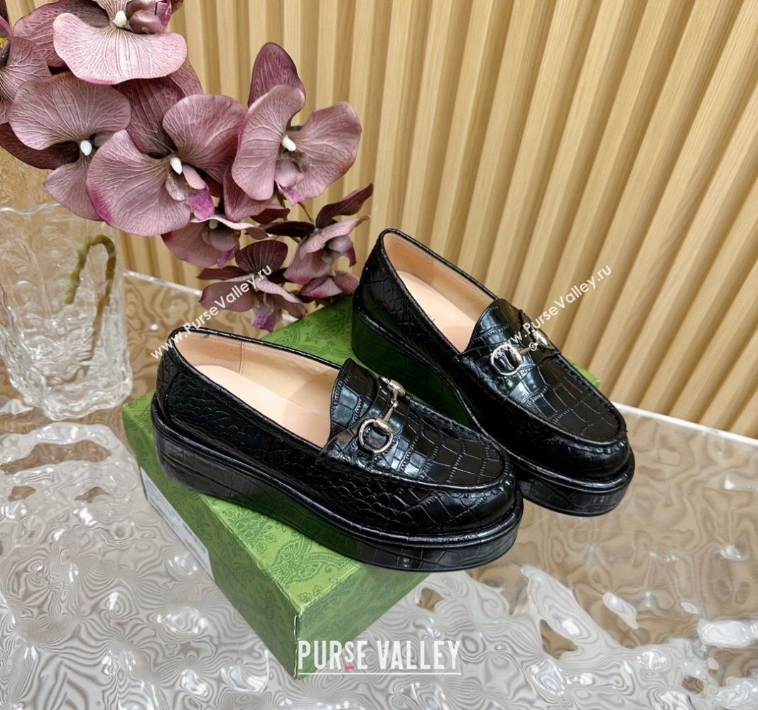 Gucci Horsebit Wedge Platform Loafers Pumps 5cm in Stone Embossed Leather Black 2024 (SS-240814077)