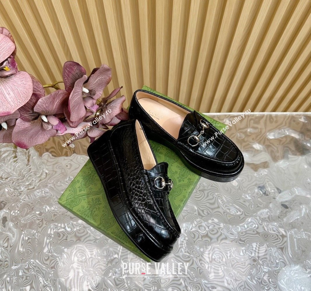 Gucci Horsebit Wedge Platform Loafers Pumps 5cm in Stone Embossed Leather Black 2024 (SS-240814077)