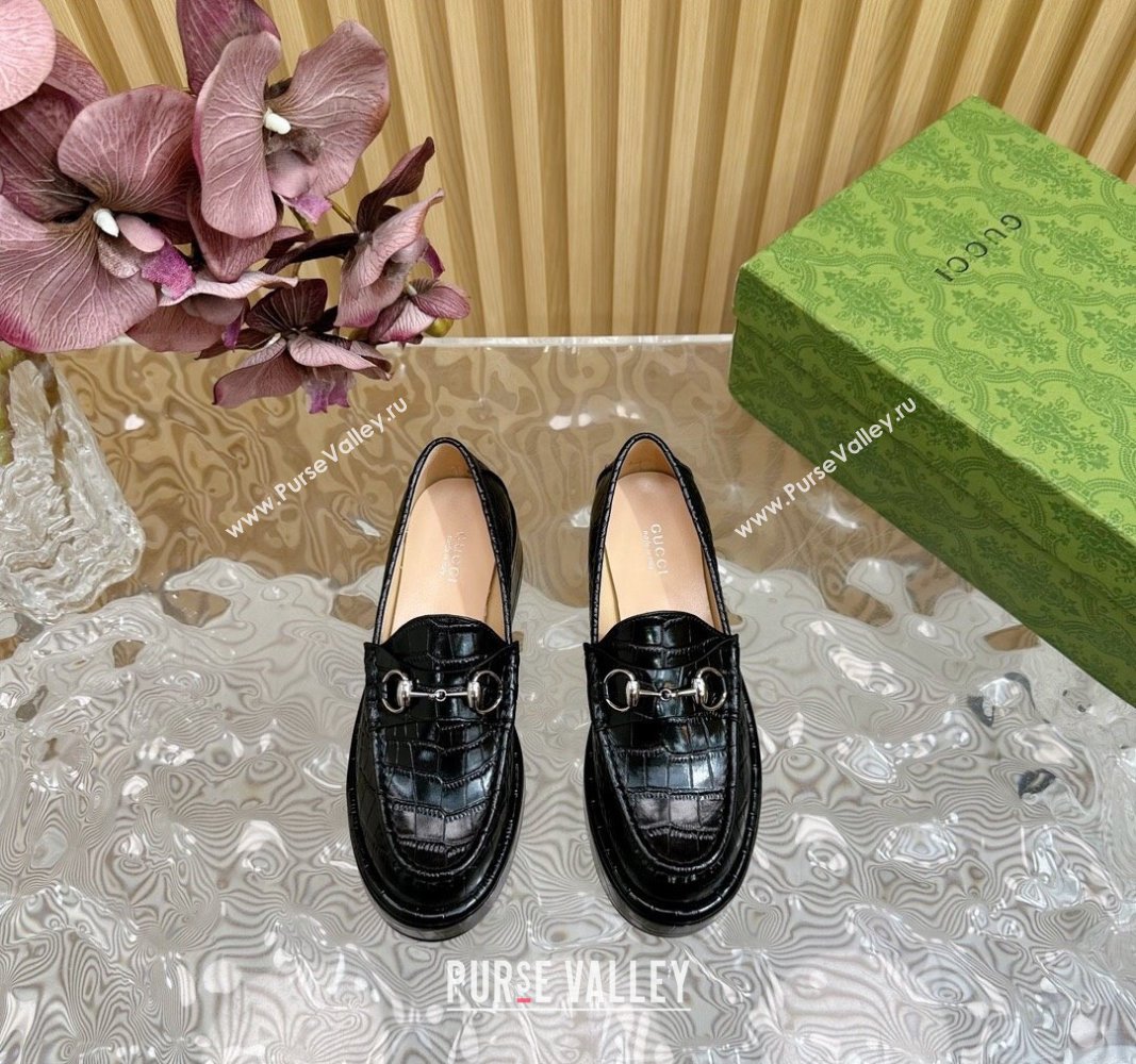 Gucci Horsebit Wedge Platform Loafers Pumps 5cm in Stone Embossed Leather Black 2024 (SS-240814077)