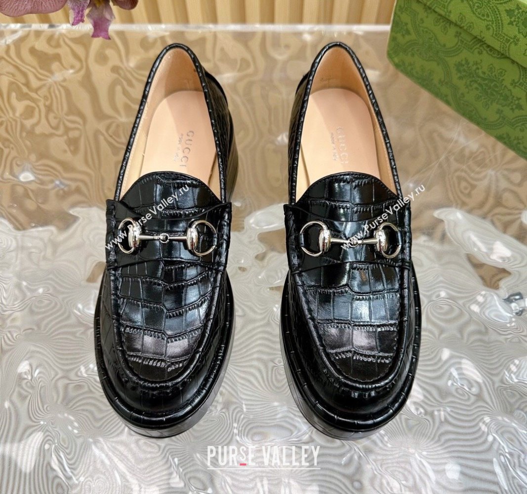 Gucci Horsebit Wedge Platform Loafers Pumps 5cm in Stone Embossed Leather Black 2024 (SS-240814077)