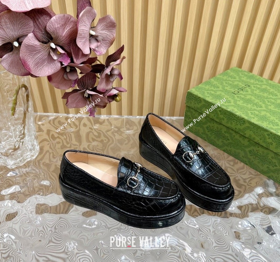 Gucci Horsebit Wedge Platform Loafers Pumps 5cm in Stone Embossed Leather Black 2024 (SS-240814077)