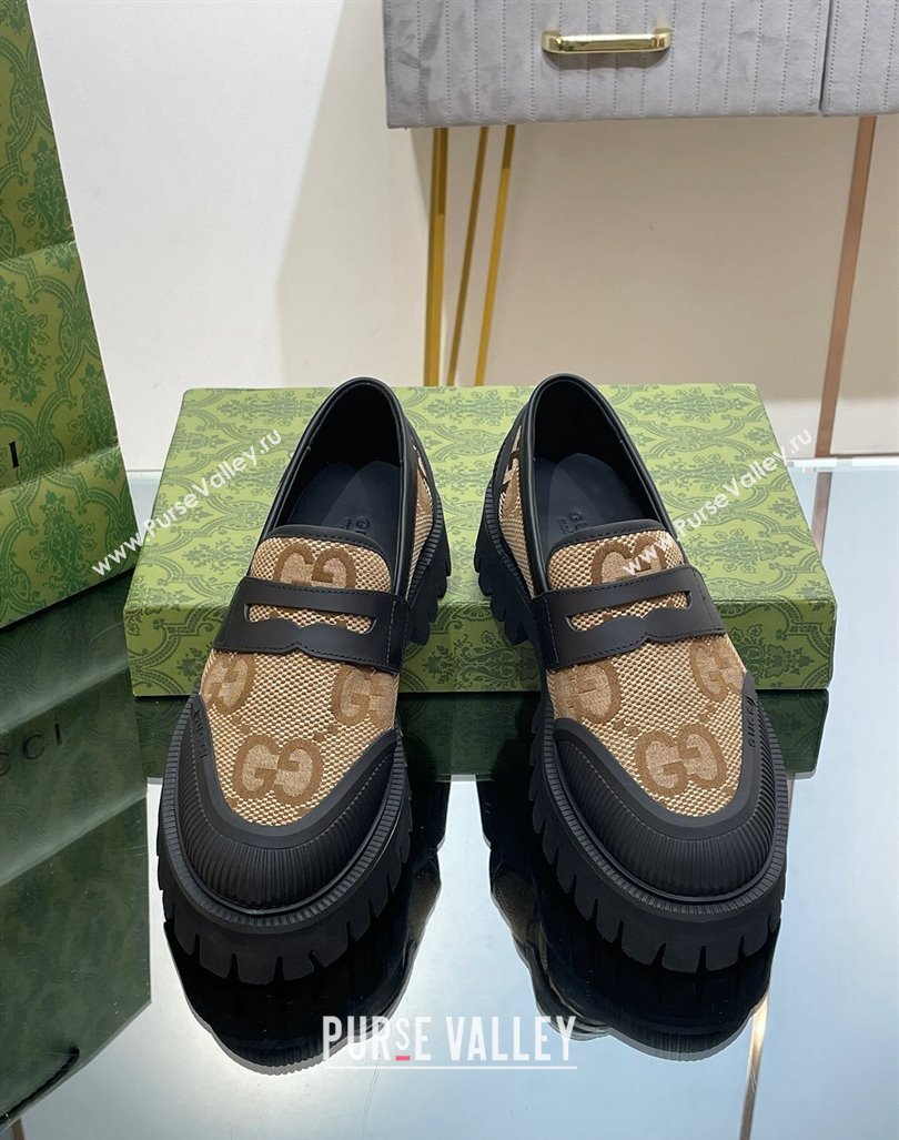 Gucci Loafers in Leather and Maxi GG Canvas Camel 2024 081402 (SS-240814087)