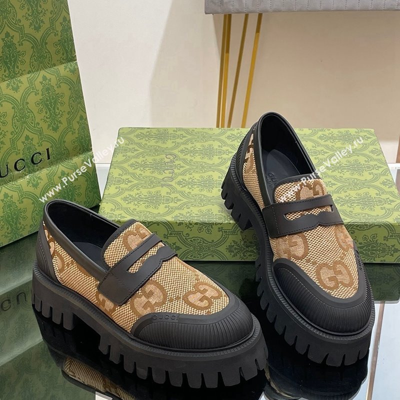 Gucci Loafers in Leather and Maxi GG Canvas Camel 2024 081402 (SS-240814087)