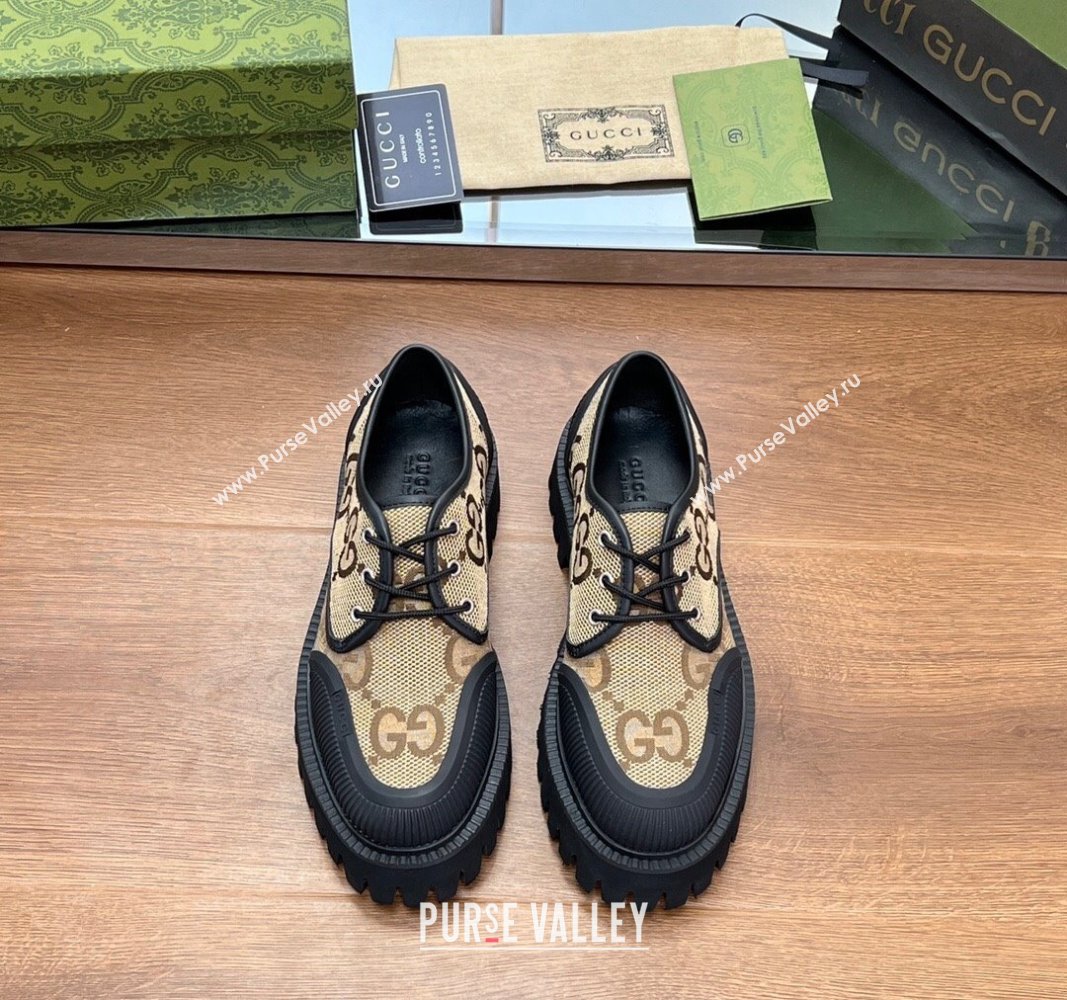 Gucci Lace-up Loafers in Leather and Maxi GG Canvas Camel 2024 0814 (SS-240814080)