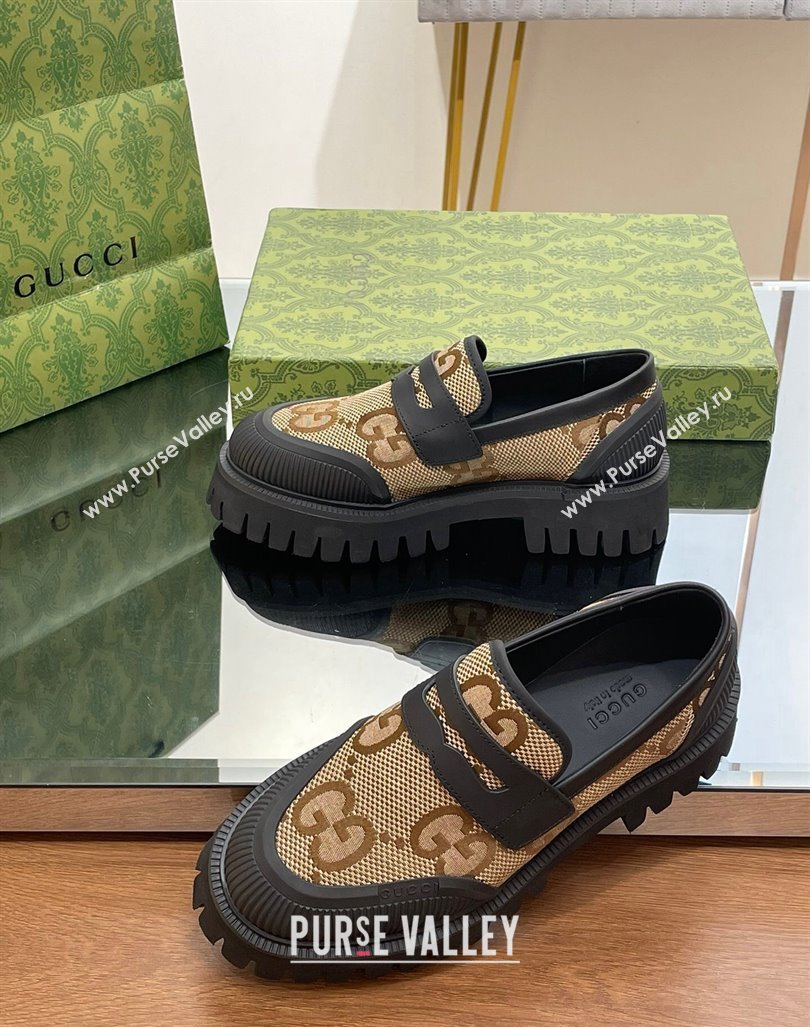 Gucci Loafers in Leather and Maxi GG Canvas Camel 2024 081402 (SS-240814087)