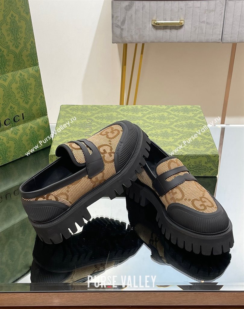 Gucci Loafers in Leather and Maxi GG Canvas Camel 2024 081402 (SS-240814087)